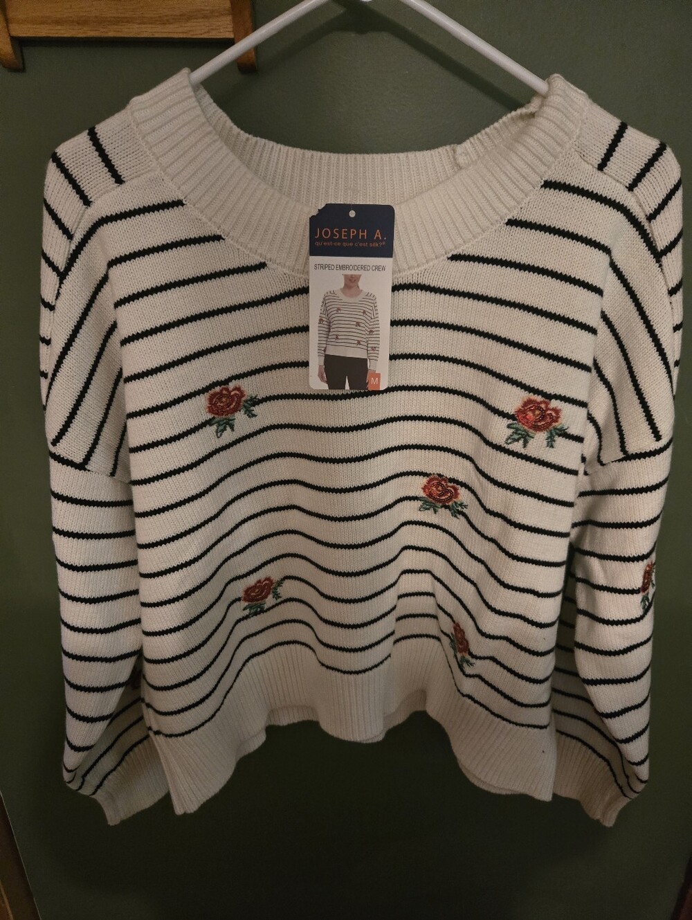 Joseph Cream Striped Crewneck Sweater with Sequin Roses